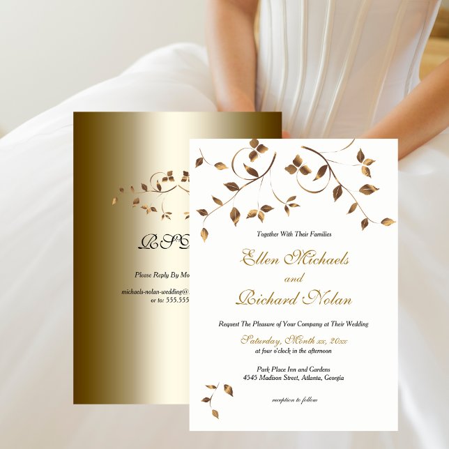Elegante Gold-Blätter Hochzeit mit UAWG Einladung (Elegant Gold Leaves Wedding with RSVP Invitation)