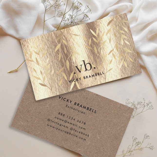 Elegante Gold Blätter Moderne Monogram Artist Visitenkarte (Elegant Gold Leaves Modern Monogram Artist Business Card 1)