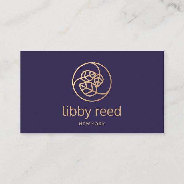 Elegante Gold Blätter Trio Logo Navy Blue Visitenkarte (Vorderseite)