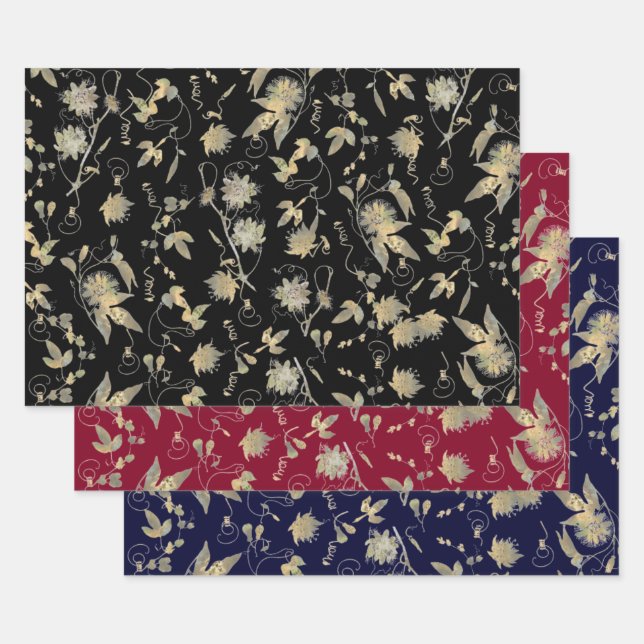 Elegante Gold Blume Black Burgundy Navy Geschenkpapier Set (Set)