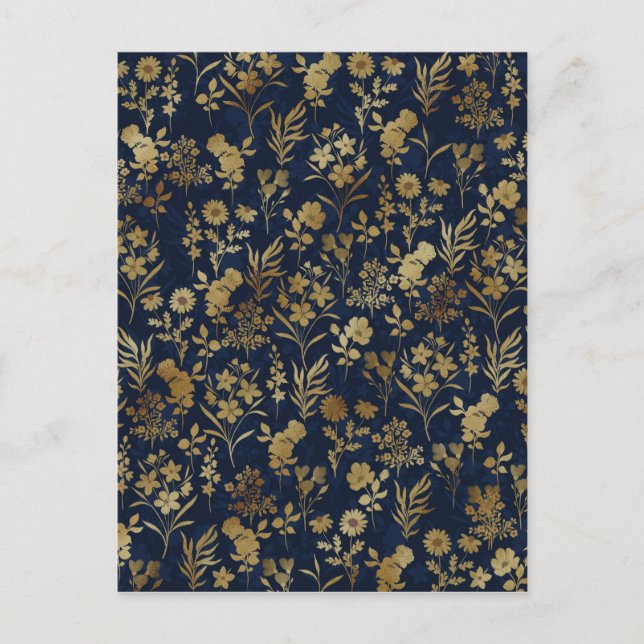 Elegante Gold Blume Blau Botanisch Feiertagspostkarte (Vorderseite)