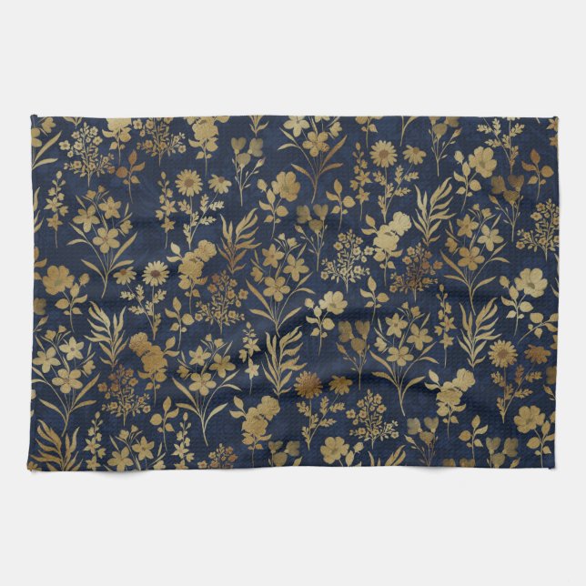 Elegante Gold Blume Blau Botanisch Geschirrtuch (Horizontal)