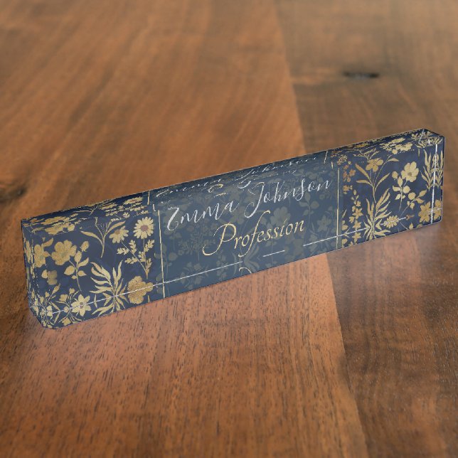 Elegante Gold Blume Blau Botanisch Namensplakette (Seite)