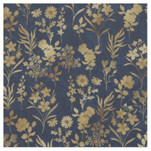 Elegante Gold Blume Blau Botanisch Stoff