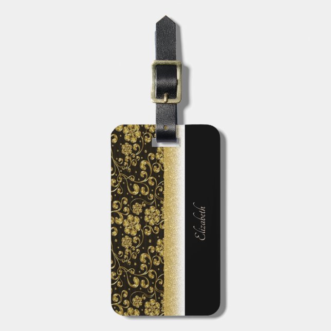 Elegante Gold-Blume, Glitzer - Personalisiert Gepäckanhänger (Vorderseite vertikal)