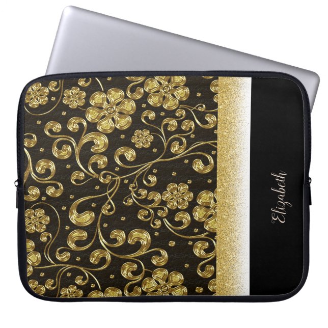 Elegante Gold-Blume, Glitzer, Personalisiert Laptopschutzhülle (Vorderseite)