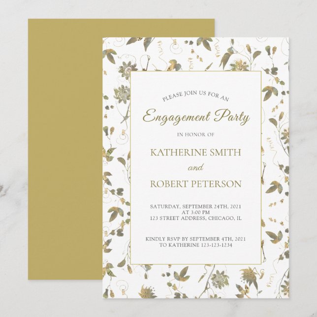Elegante Gold Blume Weinkultur und Erde Verlobung Einladung (Vorne/Hinten)