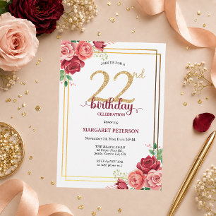 Elegante Gold Blush Floral 22. Geburtstagsfeier Einladung