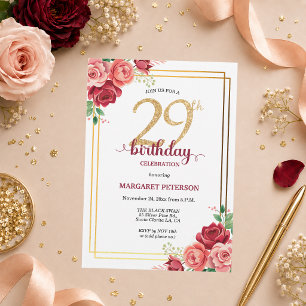 Elegante Gold Blush Floral 29. Geburtstagsfeier Einladung