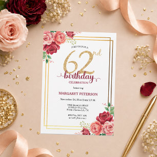 Elegante Gold Blush Floral 62. Geburtstagsfeier Einladung