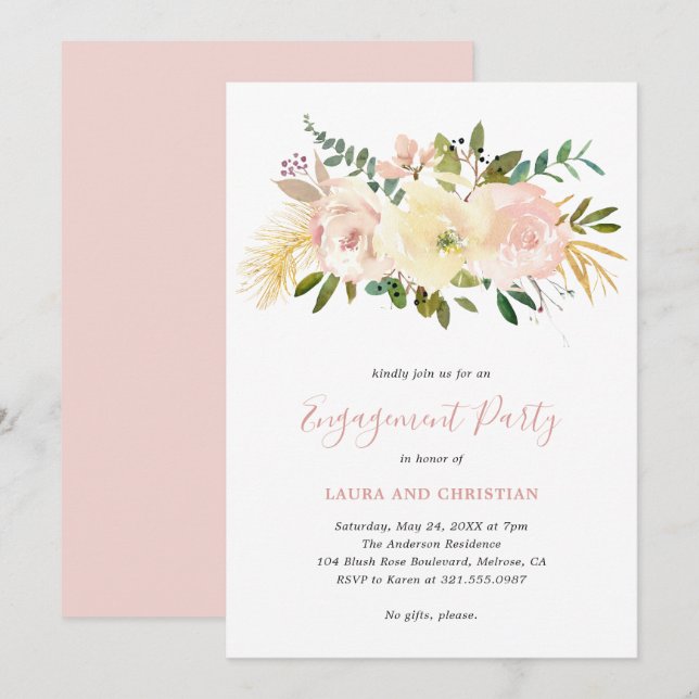 Elegante Gold Blush Pink Floral Engagement Party Einladung (Vorne/Hinten)