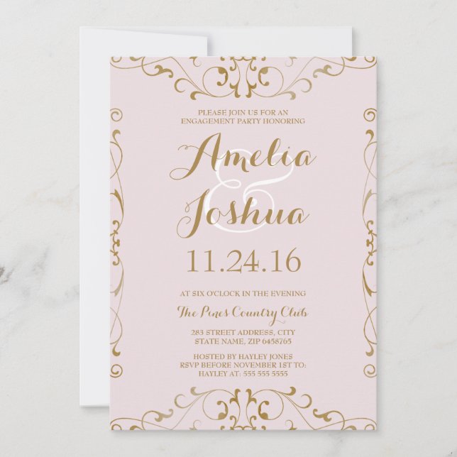 Elegante Gold Blush Swirt Engagement Party laden Einladung (Vorderseite)
