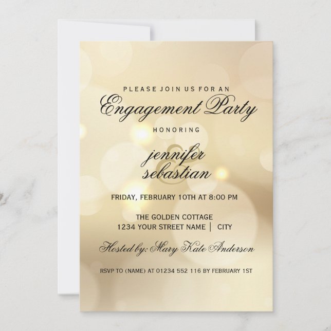 Elegante Gold Bokeh Light Chic Engagement Party Einladung (Vorderseite)