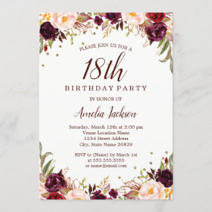 Elegante Gold-Bordeaux Blumenparty zum 18. Geburts Einladung