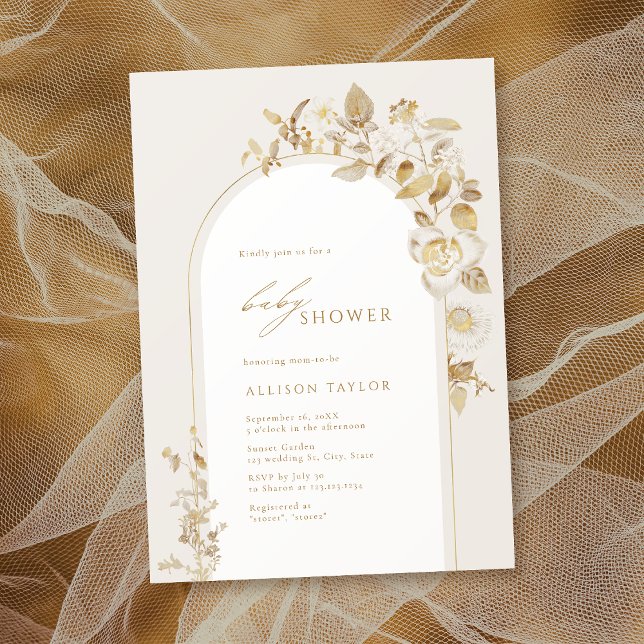 Elegante Gold Botanical Floral Arch Baby Shower Einladung (Elegant Gold Botanical Floral Arch Baby Shower Invitation)