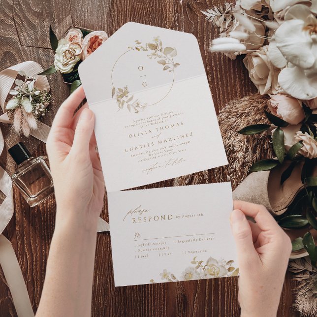 Elegante Gold Botanical Floral Wedding Monogram Al All In One Einladung (Elegant Gold Botanical Floral Wedding Monogram All All In One Invitation)