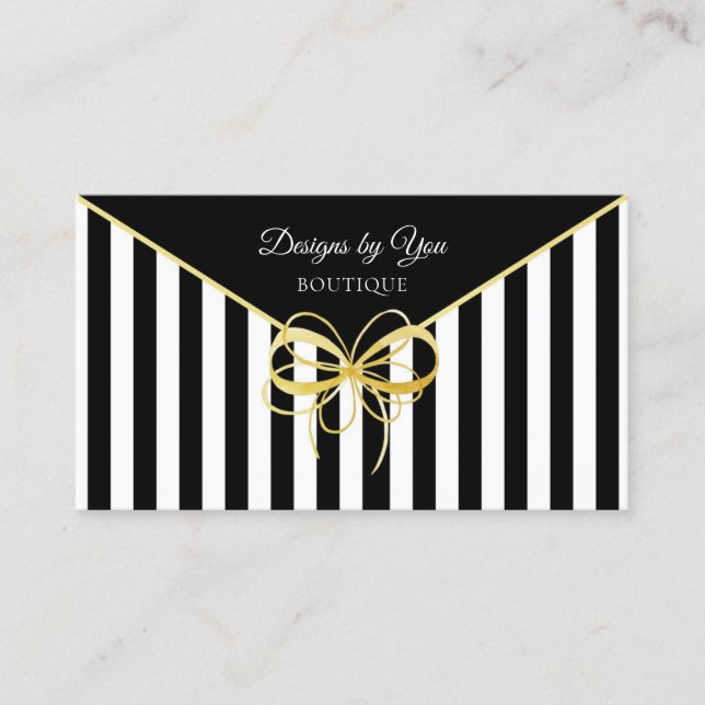 Elegante Gold Bow Boutique Schwarze und weiße Stre Visitenkarte (Vorderseite)