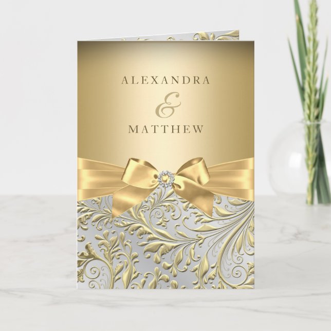Elegante Gold Bow Golden Leaf Wedding 2 Einladung (Vorderseite)