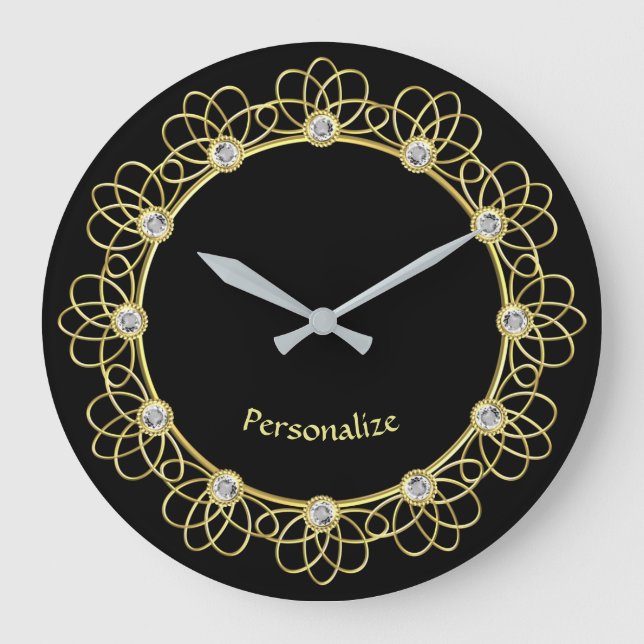 Elegante Gold Braid Border & Diamonds personalisie Große Wanduhr (Vorderseite)