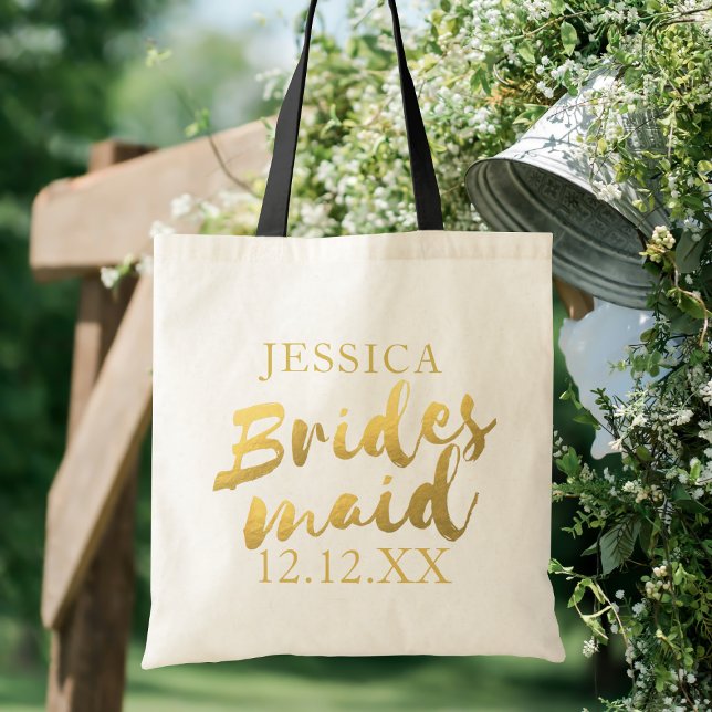 Elegante Gold Bridesmaid Wedding Tote Bag Tragetasche (Add her name and your wedding date to this elegant gold Bridesmaid Tote Bag)