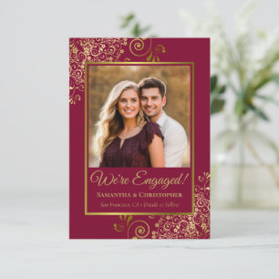 Elegante Gold & Burgund oder Maroon Foto Verlobung Ankündigung