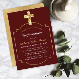 Elegante Gold Burgundy Cross Boys Bestätigung Einladung