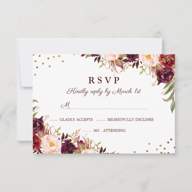 Elegante Gold Burgundy Floral UAWG RSVP Karte (Vorderseite)