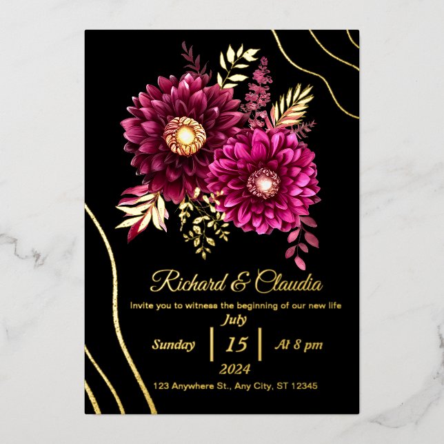 Elegante Gold Burgundy Rot und Schwarze Flora Hoch Folieneinladung (Vorderseite)