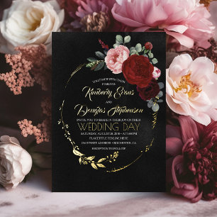 Elegante Gold Burgundy Rot und Schwarze Flora Hoch Folieneinladung