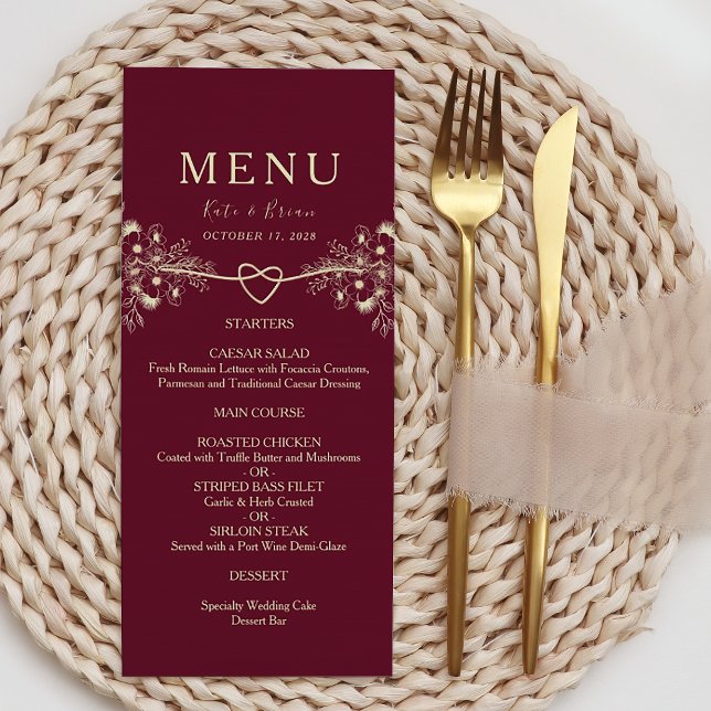 Elegante Gold Burgundy Wedding Menu Card Menükarte (Von Creator hochgeladen)