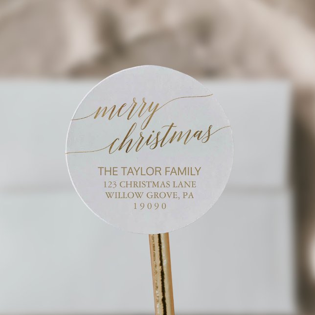 Elegante Gold Calligrafy Weihnachten Rücksendeadre Runder Aufkleber (Von Creator hochgeladen)