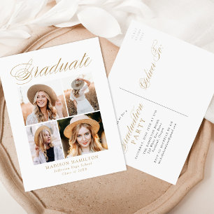Elegante Gold Calligraphy 4 Foto Graduation Party Einladungspostkarte