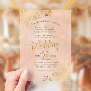 Elegante Gold Calligraphy Coral Peach Hochzeit Acryleinladungen