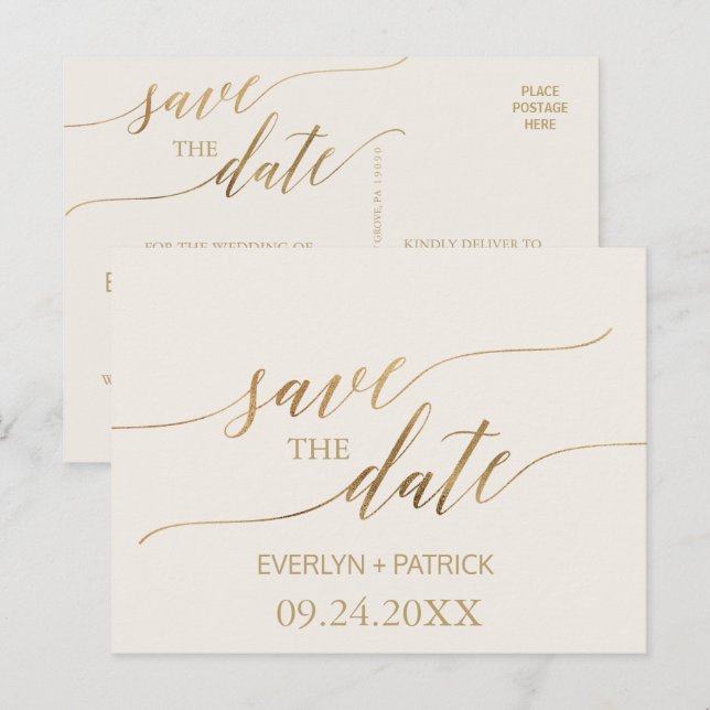 Elegante Gold Calligraphy | Elfenbeinküste Save th Ankündigungspostkarte (Vorne/Hinten)