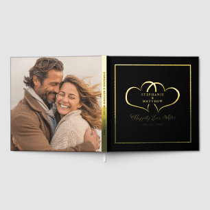 Elegante Gold Calligraphy Foto Chic Hearts Black Gästebuch