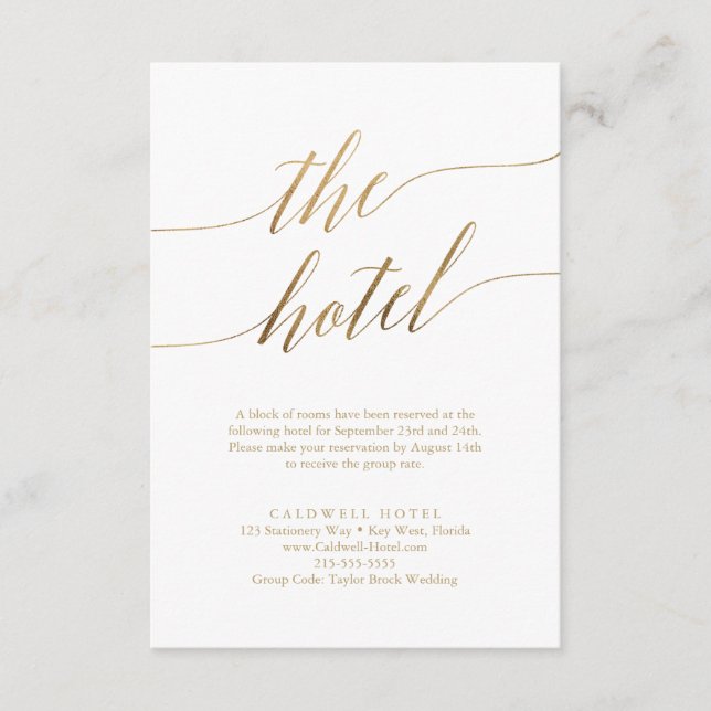 Elegante Gold Calligraphy Hotel Einschließungskart Begleitkarte (Vorderseite)