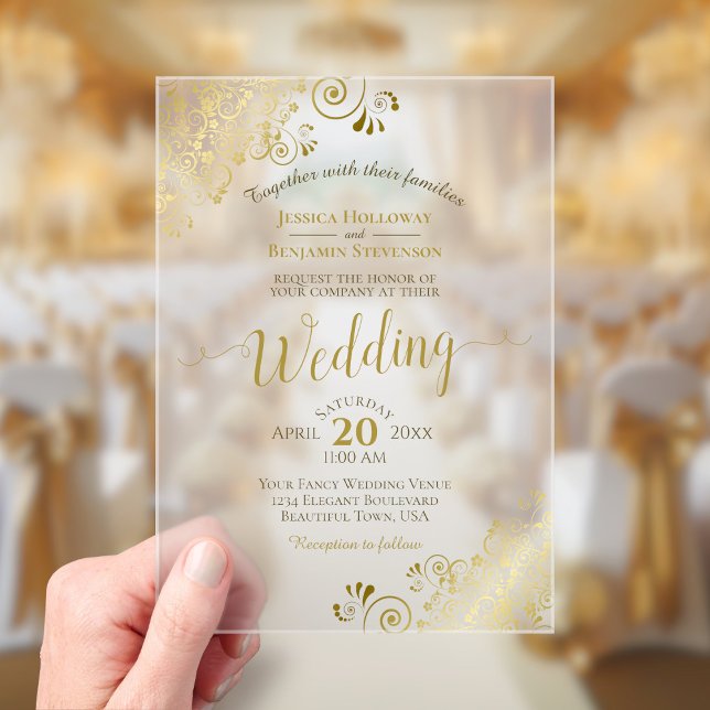 Elegante Gold Calligraphy Lacy Decorative Wedding Acryleinladungen (Frosted Acrylic with Rectangle Cut)
