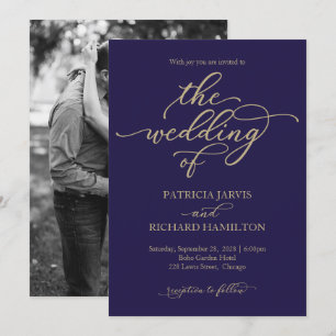 Elegante Gold Calligraphy Navy Blue Wedding Einladung