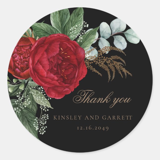 Elegante Gold Calligraphy Red Floral Black Wedding Runder Aufkleber (Vorderseite)