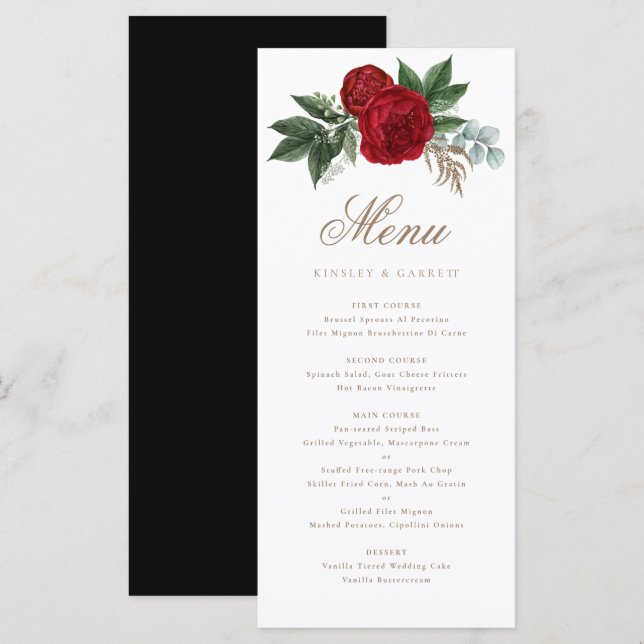 Elegante Gold Calligraphy Red Floral Black & White Menükarte (Vorne/Hinten)