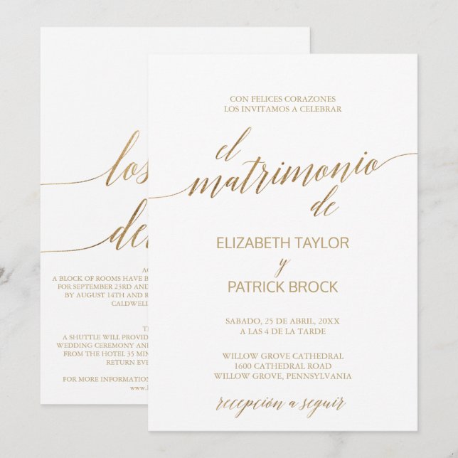 Elegante Gold Calligraphy | Spanische Details Hoch Einladung (Vorne/Hinten)
