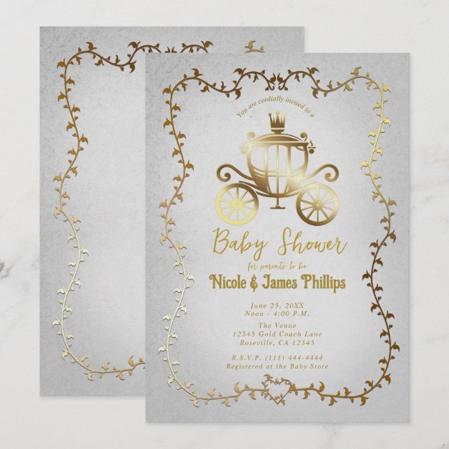 Elegante Gold Carriage White Storybook Baby Shower Einladung (Vorne/Hinten)