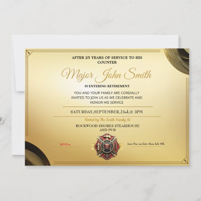 Elegante Gold Certificate Feuerwehrrente Einladung (Vorderseite)