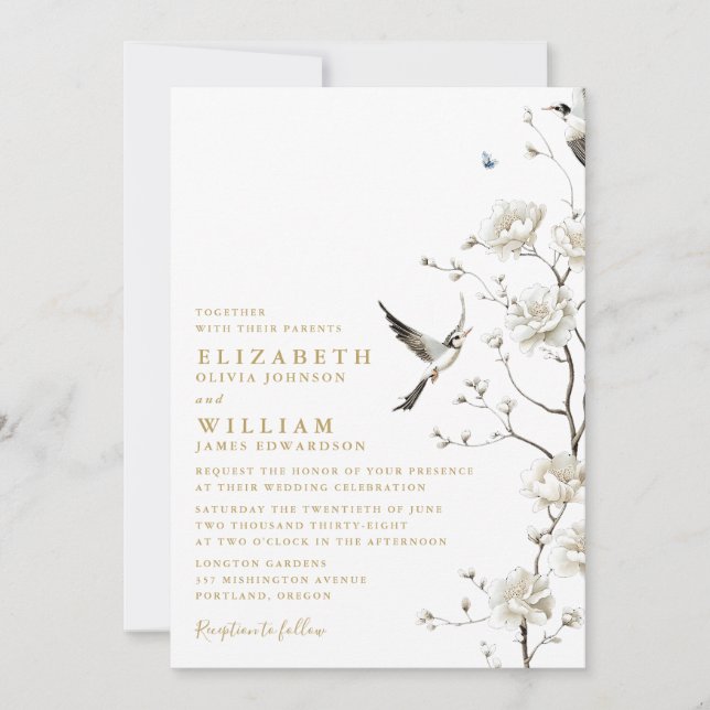 Elegante Gold Chinoiserie Floral QR Code Hochzeit Einladung (Vorderseite)