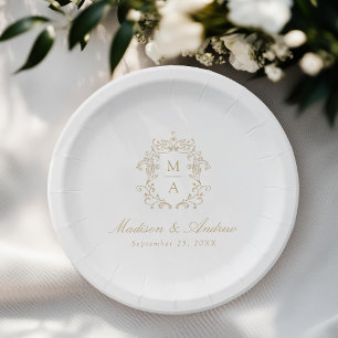 Elegante Gold-Chinoiserie-Monogrammwappen-Hochzeit Pappteller