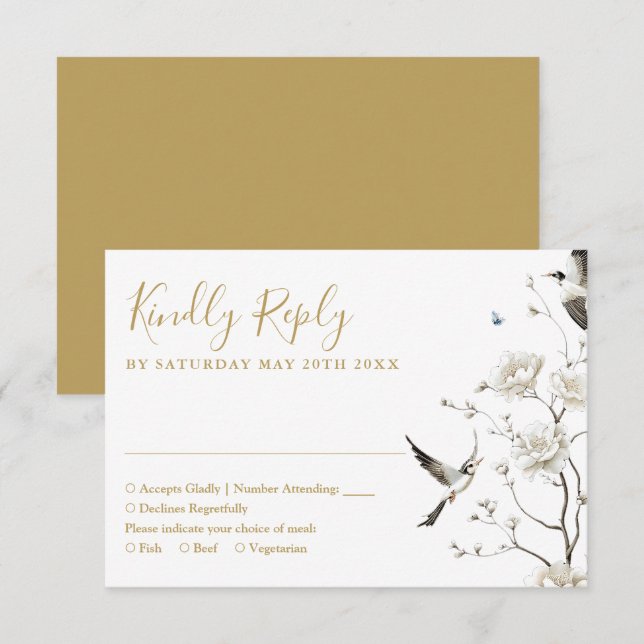 Elegante Gold Chinoiserie Rodelbahn RSVP Karte (Vorne/Hinten)