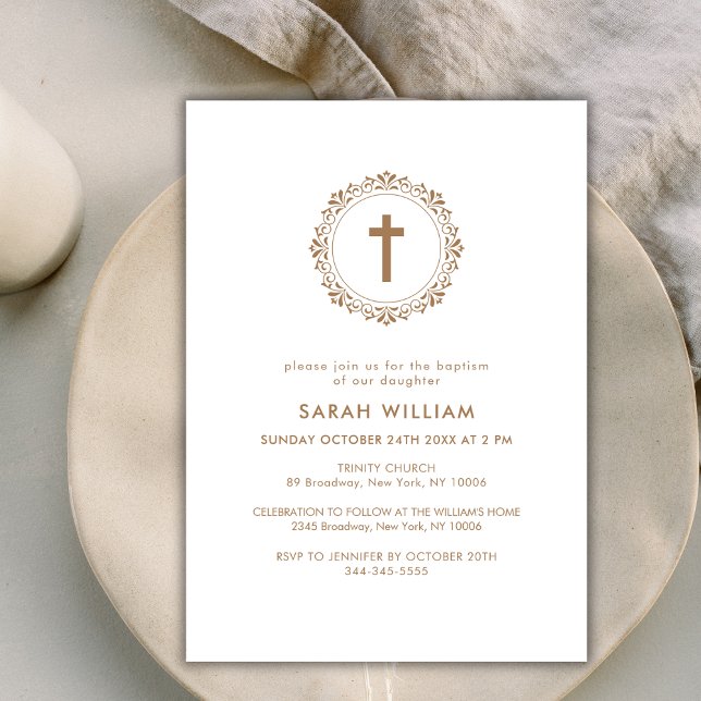 Elegante Gold Classic Cross Wreath Baptisse Einladung (Elegant Gold Classic Cross Wreath Baptism Invitation)
