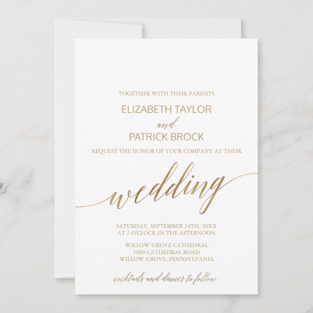 Elegante Gold Cocktails und Abendessen Hochzeit Einladung (Vorderseite)