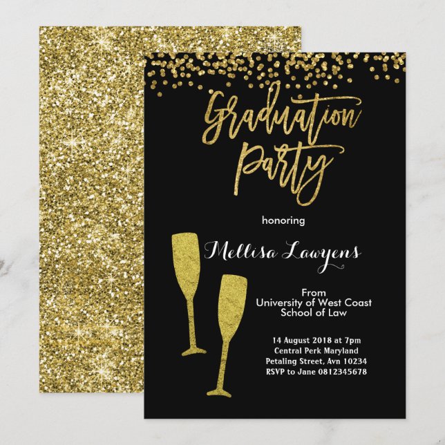 Elegante Gold Confetti Graduation Party Einladung (Vorne/Hinten)