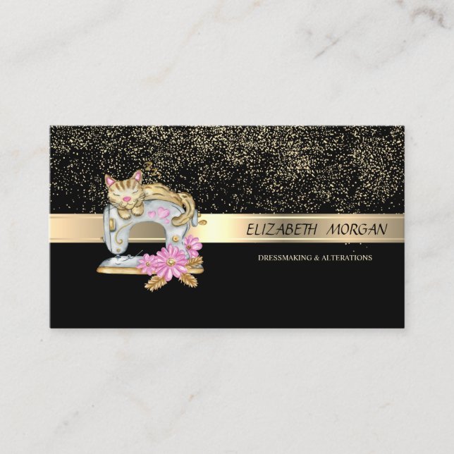 Elegante Gold Confetti, Nähmaschinenkatze Visitenkarte (Vorderseite)